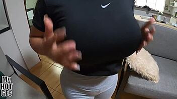 Amateur latina with big natural tits rides friend's small cock in missionary and cowgirl. She moans from wet pussy creampie in homemade video