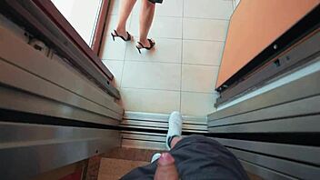 Curly-haired girl next door with big tits gets roughly fucked and swallows cum near elevator in public