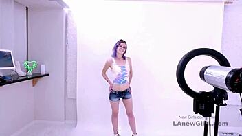 Purple-haired model participated in a casting session with an intimate interview and massage