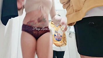 Teen slut gets bent over in mall fitting room for risky public sex with creampie in hairy pussy