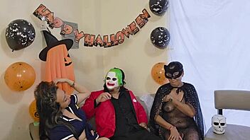 Homemade halloween threesome with mexican beauties big tits wet pussy and gaping action