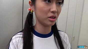 Adorable Asian chick lets him lick her tight pussy in the locker room before deep blowjob