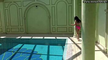 Hey, check out Jessica Lincoln looking amazing in her pink bikini while splashing around in the pool with friends