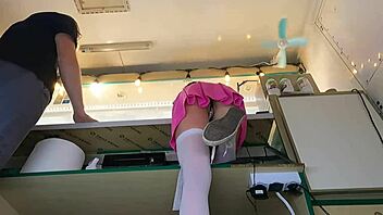 I couldn't resist kissing her cute naked ass at work while she bent over the counter