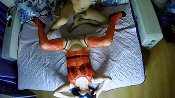 Amateur couple shares intimate homemade moments with wife in stockings and lingerie for fun.