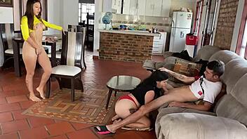 He gets excited watching us play and ends up thrusting his big cock into our wet pussy and tight anus.