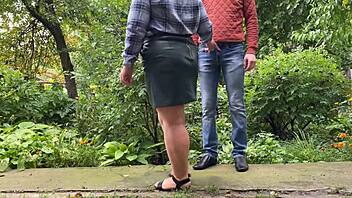 please young man cum on my leather skirt in this outdoor flashing handjob