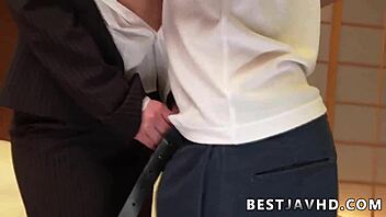 in a steamy encounter, a sexy asian milf with ample jugs engages in hot hookup scenes with a youthful stud in beautiful jav action.