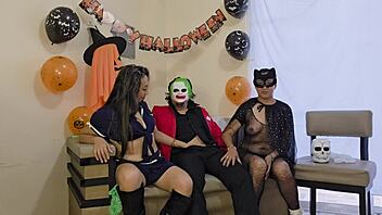 Homemade halloween threesome with mexican beauties big tits wet pussy and gaping action