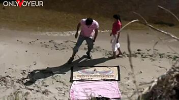 Teen couple enjoys risky doggystyle sex on public beach river coast with voyeur view