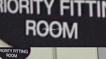 Teen slut gets bent over in mall fitting room for risky public sex with creampie in hairy pussy