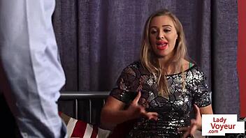 Busty domina babe gives jerk off instructions to humiliated guy