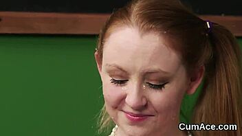 Why does this nasty looker get a cumshot on her face and eat all the cream?