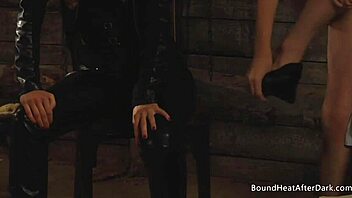 busty lesbian slave with big natural boobs gets washed and prepared in garage for her dominant mistress