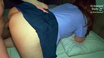 sweet student girl with tight juicy pussy gets bent over by older man for creampie