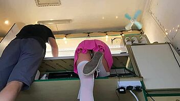 I couldn't resist kissing her cute naked ass at work while she bent over the counter