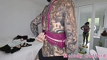hey, check out this black and purple lingerie with micro bikini try-on by tattooed goth melody radford?