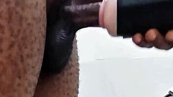 Intense Solo Session with Monster Toy in Bathroom Handles Urgent Needs