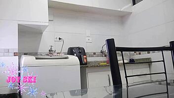 Intense Brazilian Maid Flashes Pussy and Teases with Feet While Slapping Ass in Kitchen Exhibitionist Fetish