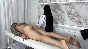 Curvy milf masseuse treats young 18+ muscular patient with small 18+ penis. He seduces her until hard fucking and cum on her big latin ass by antonella jones and brian evansx.