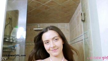 fierce brunette bombshell took a shower during her solo photoshoot session on the sofa