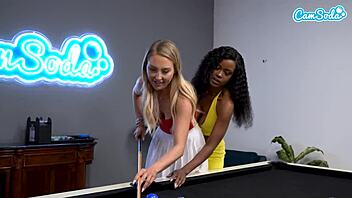 Two hot amateur college lesbians got frisky licking and fucking on the pool table right before finals week