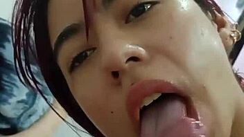 Curvy teen delivers an amazing blowjob and takes a mouthful of cum from her Latin lover