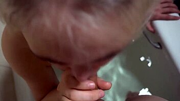 Pretty Blonde Babe Takes Bath and Sucks Cock Till Cum Covered in Bathroom