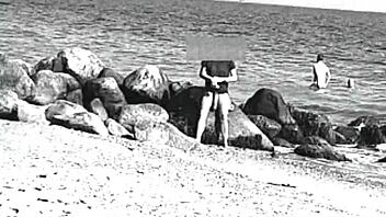 voyeur spots huge cock on nude beach, like whoa it's massive and nudist vibes everywhere, ya know?