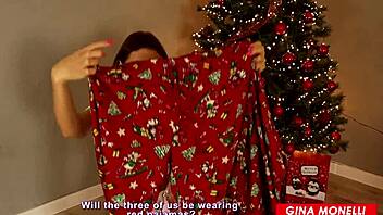 hey, check out this hot milf getting pounded under the christmas tree with a creampie finish inside her tight shaved pussy