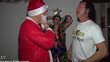 in a wild european orgy, the milf takes double penetration and squirts during the festive christmas chaos