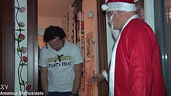 in a wild european orgy, the milf takes double penetration and squirts during the festive christmas chaos