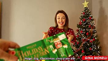 hey, check out this hot milf getting pounded under the christmas tree with a creampie finish inside her tight shaved pussy