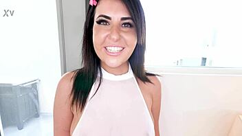 Petite Latina swallows huge cock cum after no-hands blowjob