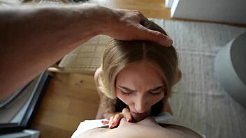 Blonde babe with big tits seduces me into passionate fucking with deepthroat orgasm and cumshot