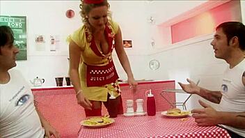Milf waitresses diana gold and eva mercedes blowjob and cowgirl in ffmm foodie foursome