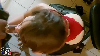 french amateur slut blowjob deepthroat rimming rim job ass fingering red satin bodysuit green leather pants heels