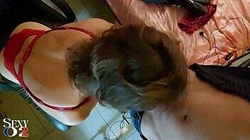french amateur slut blowjob deepthroat rimming rim job ass fingering red satin bodysuit green leather pants heels