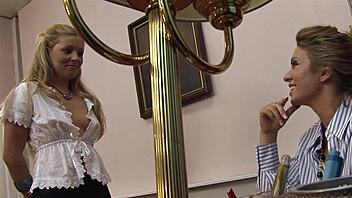 Blonde Lesbians in Lingerie Lick Pussies at Office