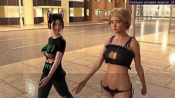 Young exhibitionist flashes tits and pussy outdoors with friends in complete gameplay