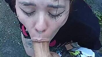 Whoa! Blonde Brazilian exhibitionist flashes and sucks huge monster cock bareback in public forest street adventure