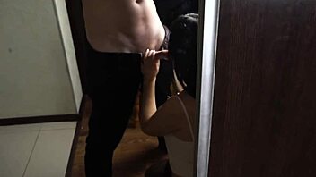 hey, check out this brunette giving a blowjob and getting doggystyle fucked at the mirror with creampie finish 😏