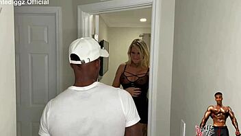 Stephanie Love experiences a creampie in an intense bedroom encounter while her husband reacts outside.