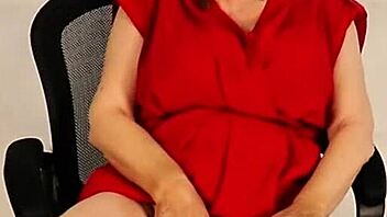 Busty giantess granny towers over tiny guy, playing with her huge natural tits in taboo homemade fun during old and young encounter.