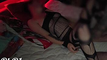 A young woman in sexy stockings gets tied up on the bed. She moans with orgasm during passionate couple play.