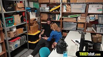 Female prevention officer roughly fucks lucky thief dude in doggystyle at office.