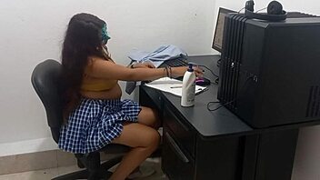 18-Year-Old Amateur with Big Natural Tits Studies Computer Classes in Scantily Clad Outfit Due to Heat