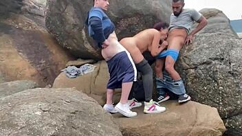 married latina amateur enjoys beach time with two african friends