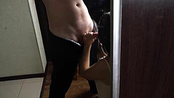 hey, check out this brunette giving a blowjob and getting doggystyle fucked at the mirror with creampie finish 😏