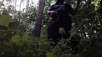 I meet my brunette friend in the forest for a secret outdoor adventure. We keep it hidden from her boyfriend to avoid getting caught.